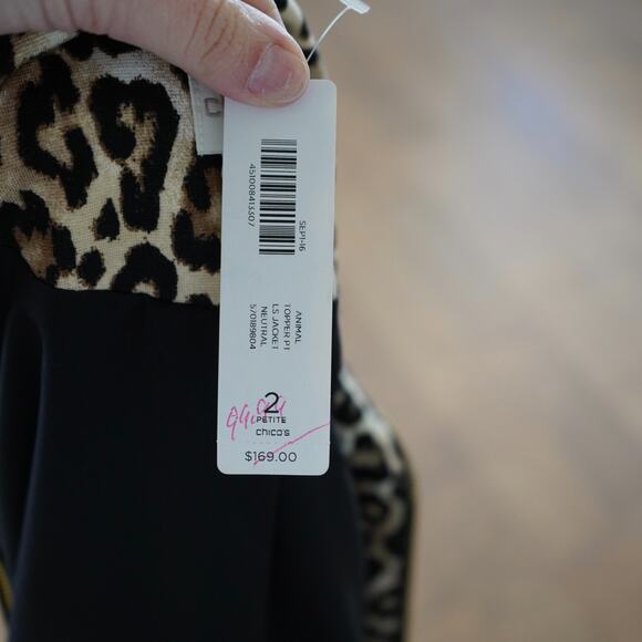 Chico's Light Jacket Womens 2P Beige Leopard Print Lined Long Sleeve Full Zipper - Picture 6 of 6